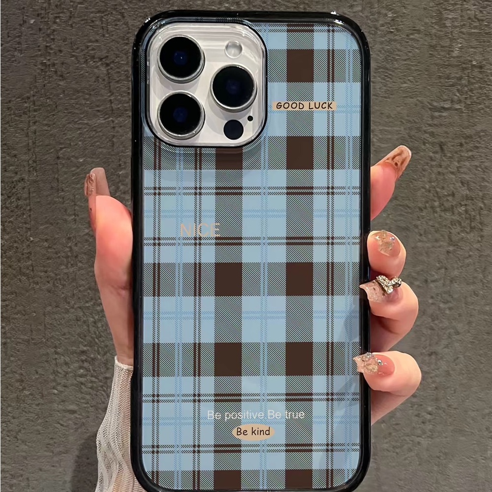Blue & Brown Plaid 'Good Luck' iPhone Case with Positive Message
